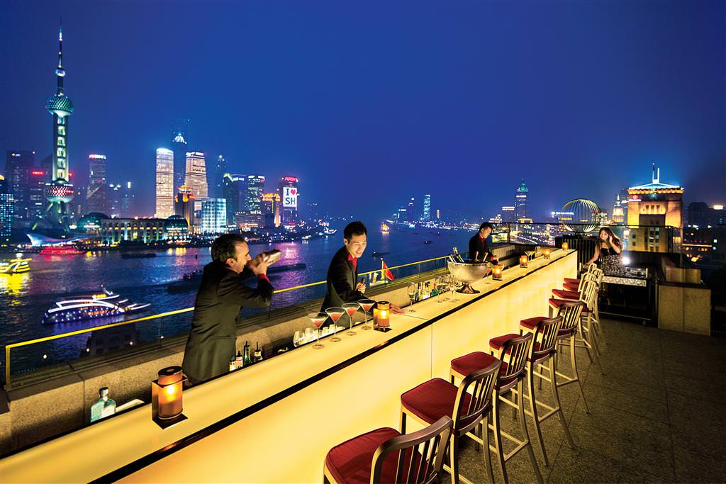 Views of the Shanghai Bund from Sir Elly's Bar at the Peninsula Shangri-La